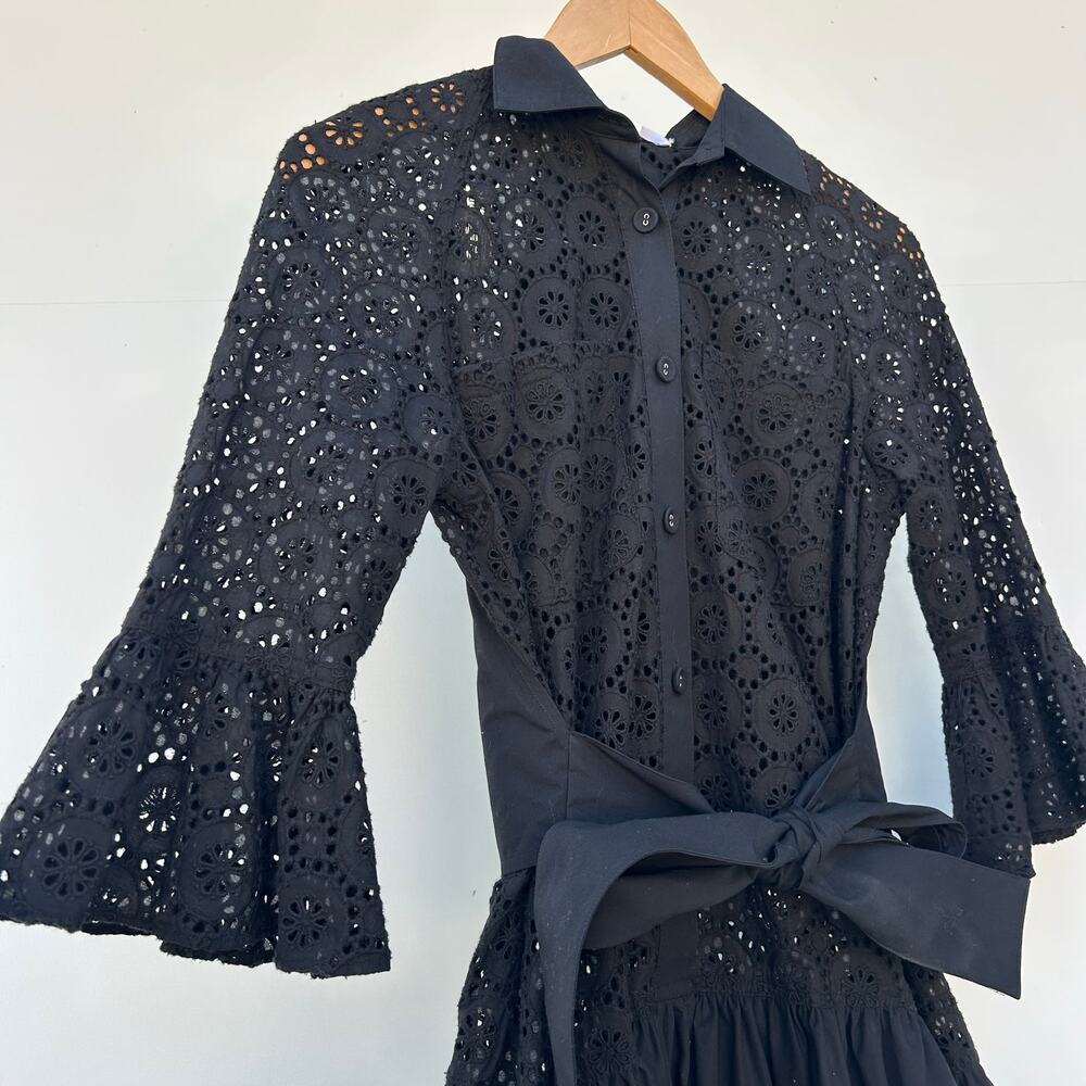 New Derek Lam 10 Crosby Black Eyelet Lace Belted Mini Dress Small 2 Chic - Picture 6 of 11